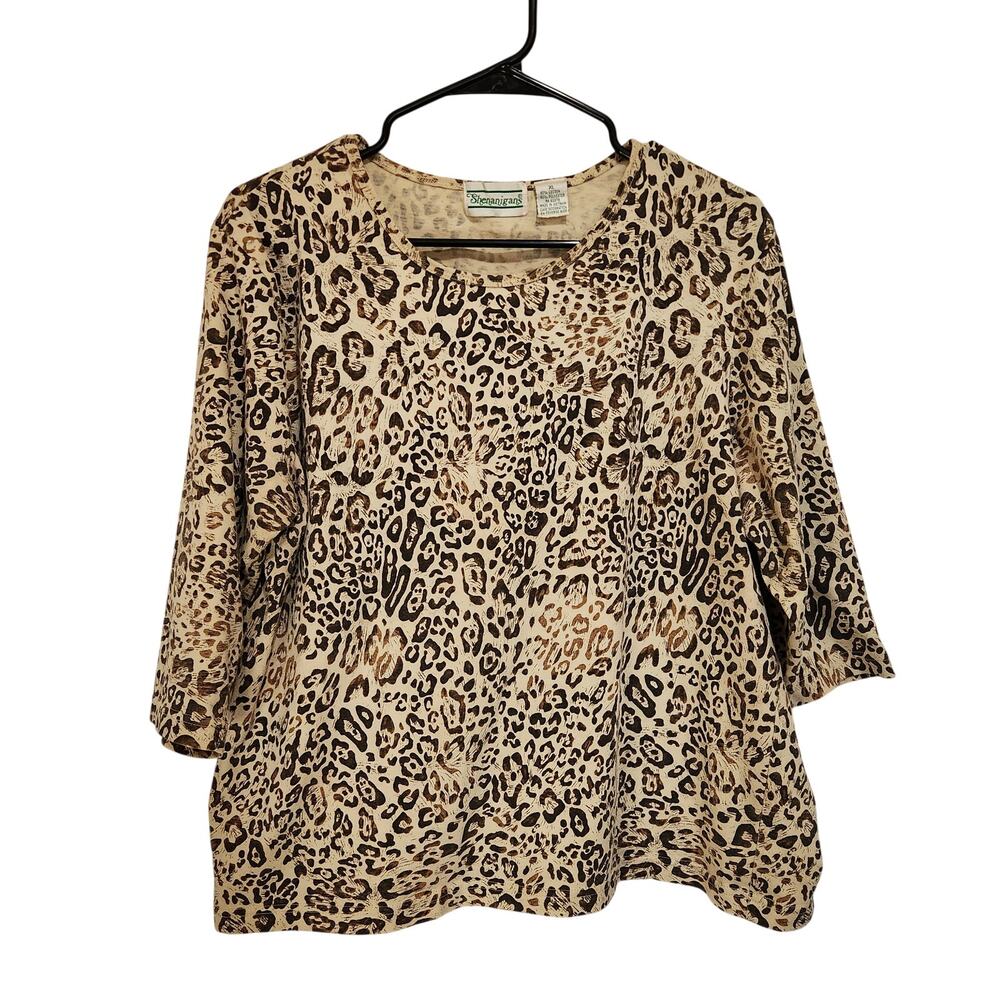 Vintage Shenanigans Brown Leopard Print 3/4 Sleeve T-Shirt Casual Tee Size XL
